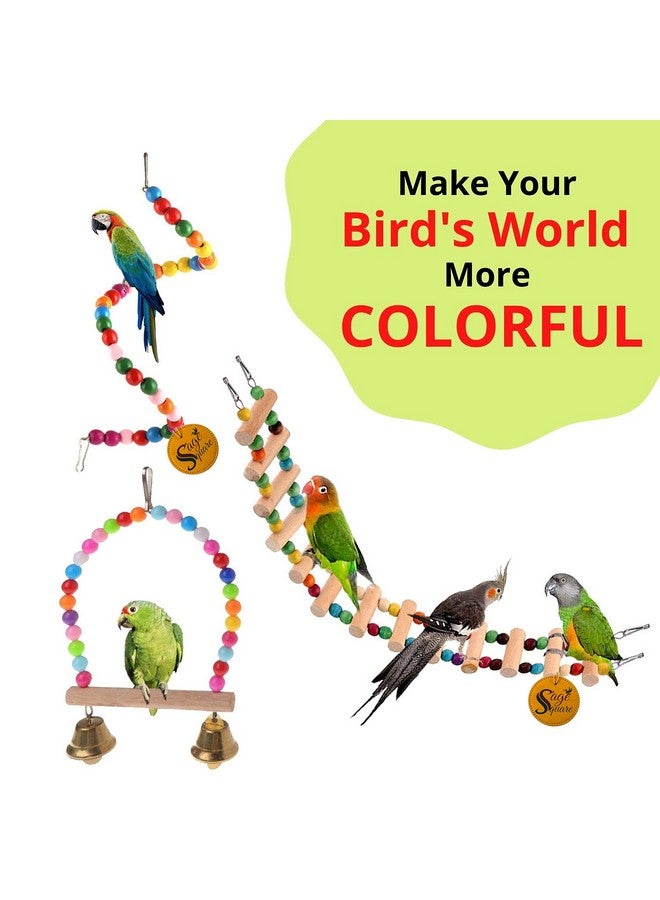 سايج سكوير مجموعة ألعاب الطيور الخشبية | منصة 3 × 4.5 مجثم 6 مجموعة 1، مجثم للطيور، منصة، سلم، ملحقات قفص، ببغاء، كوكاتيل، ببغاء كونور، لعبة راحة ومساعد تدريب خشبي للطيور والببغاوات - Image 3