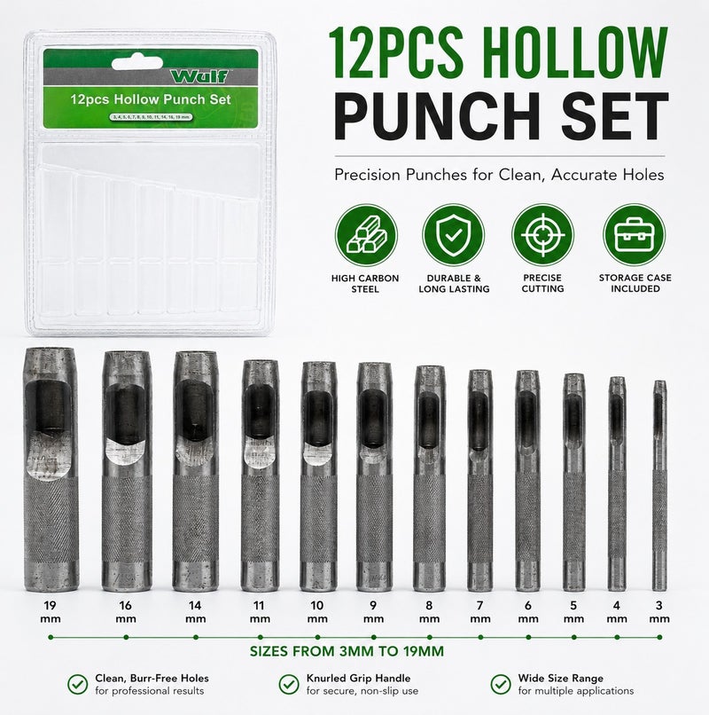 Wulf 12-Piece Hollow Punch Set, Heavy Duty Carbon Steel Gasket Hole Puncher Kit from 3mm to 19mm for Leather, Rubber, Canvas, Vinyl, Plastic and Crafts Professional DIY Hardware Hand Tools - Image 3