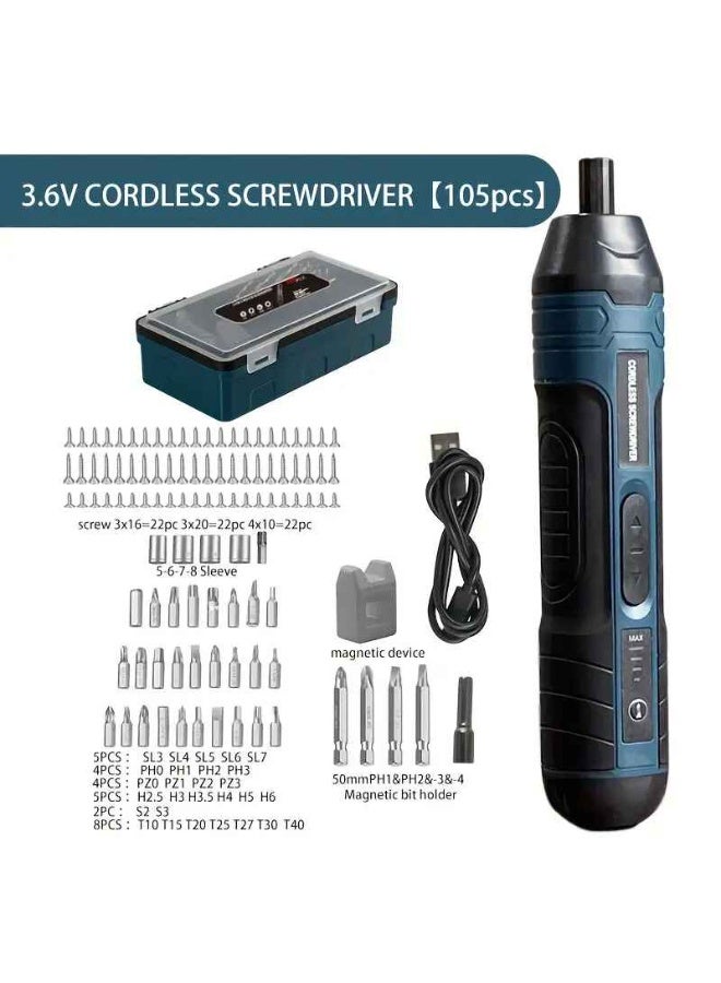 3.6V Lithium Cordless Electric Screwdriver Set – 105PCS Power Tool Kit with 4 Torque Settings, Rechargeable, PVC Box Storage - Image 1