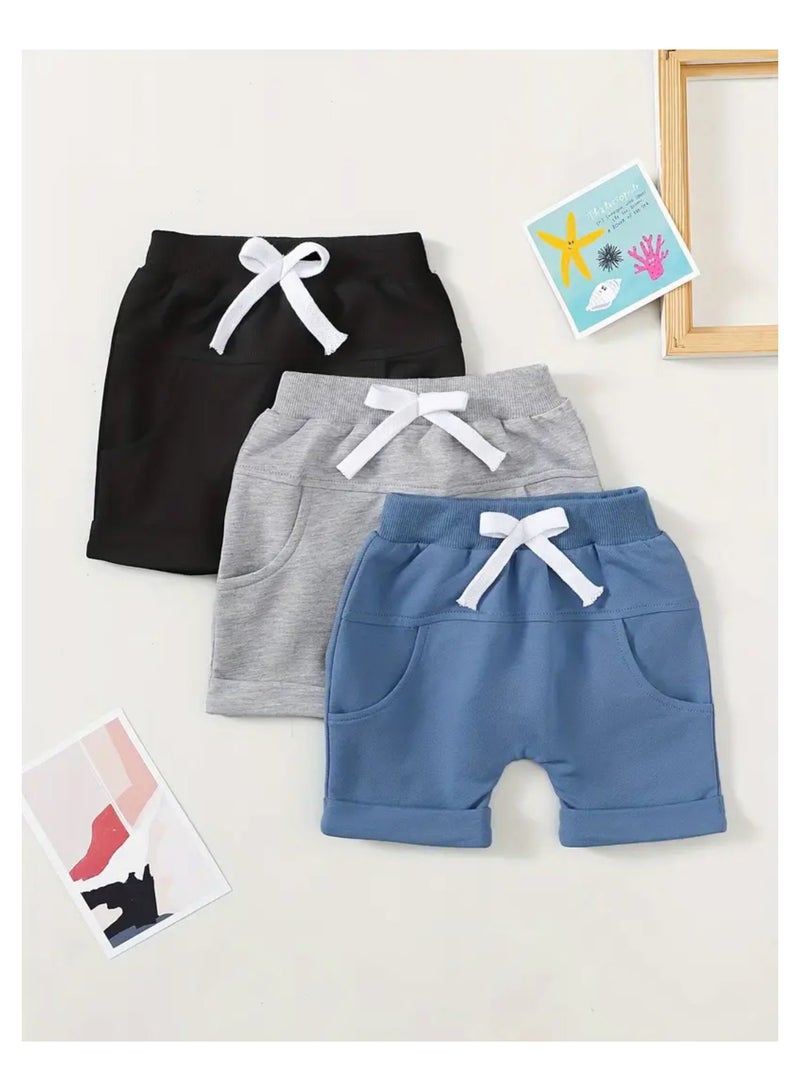 3 Pieces Baby Solid Color Casual Shorts For Indoor And Outdoor Comfy Elastic Waist Toddler Shorts - Image 1