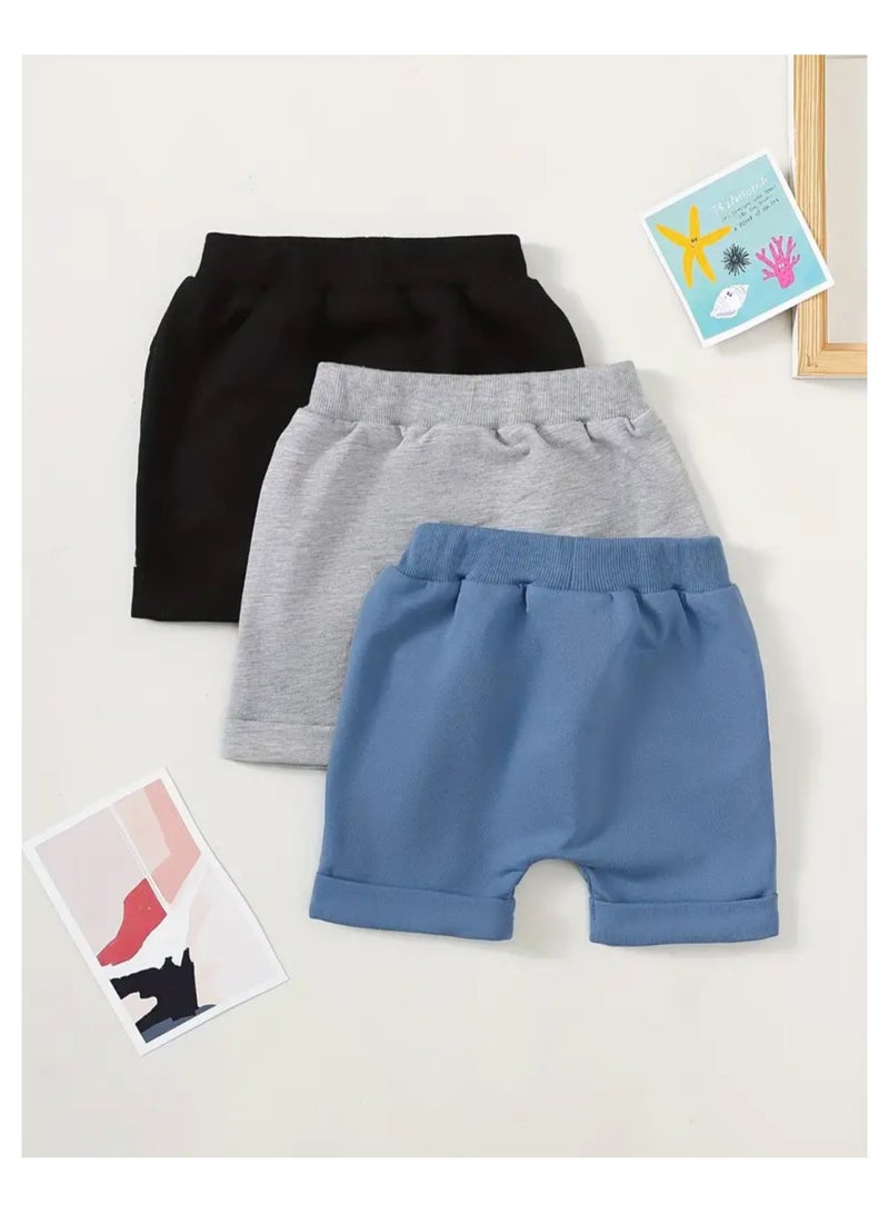 3 Pieces Baby Solid Color Casual Shorts For Indoor And Outdoor Comfy Elastic Waist Toddler Shorts - Image 2