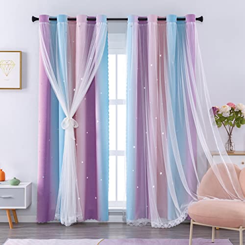 XiDi Curtains for Girls Bedroom, Blackout for Kids Room, Colorful Rainbow Design, Unicorn Wall Decor Pink Ombre Curtains, Purple Princess Room 72 Inches Long 34 Wide 2 Panel Sets Pink Purple - Image 1
