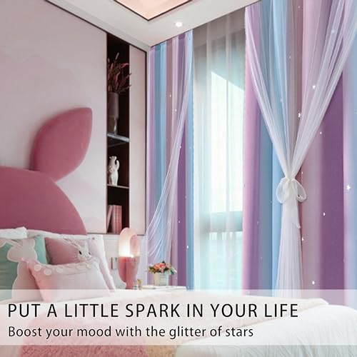 XiDi Curtains for Girls Bedroom, Blackout for Kids Room, Colorful Rainbow Design, Unicorn Wall Decor Pink Ombre Curtains, Purple Princess Room 72 Inches Long 34 Wide 2 Panel Sets Pink Purple - Image 2