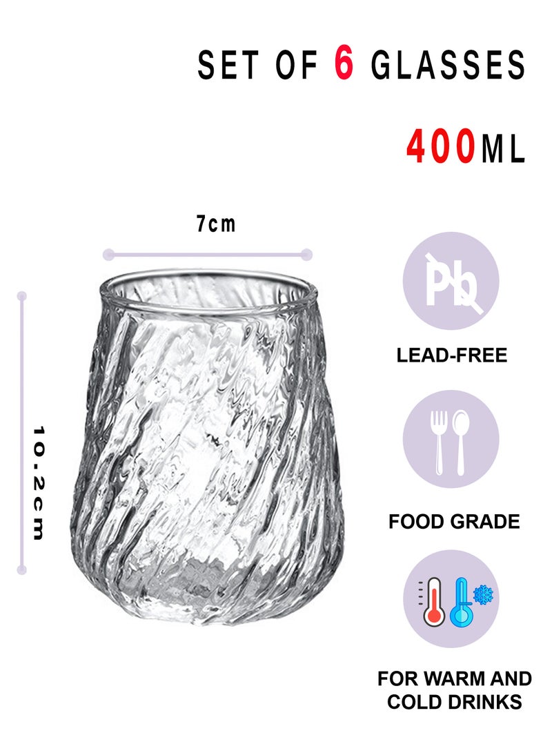 6 - Pack 400ml Clear Glass Cups with Spiral Texture, Short Tumbler Design for Beverages - Image 2
