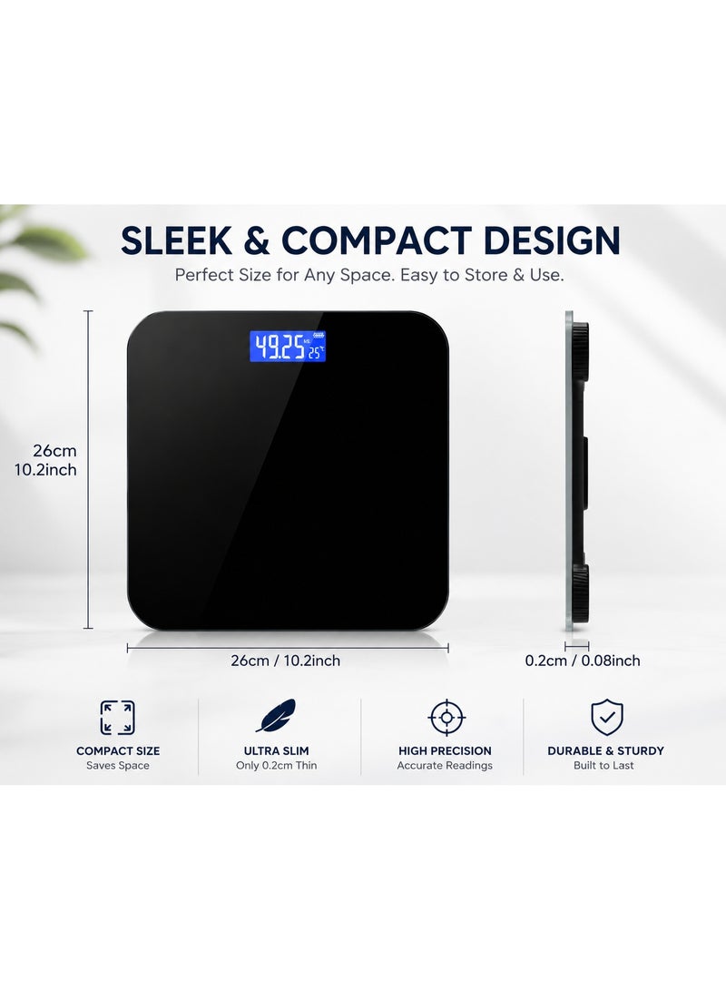Digital Bathroom Weight Scale | Ultra Slim Tempered Glass Body Scale | High Precision Electronic Weighing Scale with LCD Display, Temperature Display & Auto On/Off | 180kg Capacity | Black - Image 2