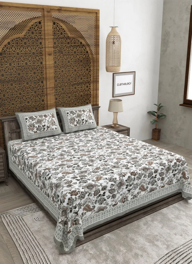 CLOTHOLOGY CLOTHOLOGY Grey Floral Pure Cotton 180 TC King Size Bedsheet with 2 Pillow Covers