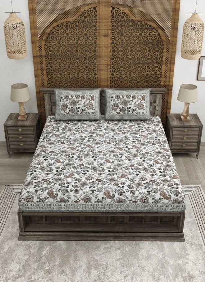 CLOTHOLOGY CLOTHOLOGY Grey Floral Pure Cotton 180 TC King Size Bedsheet with 2 Pillow Covers