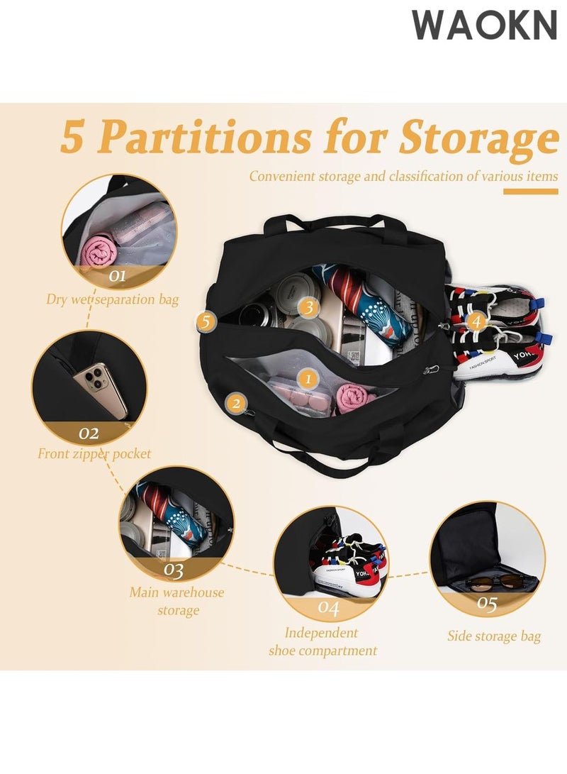 دبليو أيه أو كي أن حقيبة رياضية كبيرة للصالة الرياضية مع حجرتين للأحذية - حقيبة دافل خفيفة الوزن للرجال والنساء - حقيبة مقاومة للماء للاستخدام طوال الليل للسفر واليوغا والسباحة والتمرين - حقيبة متعددة الجيوب لعطلة نهاية الأسبوع مع تخزين رطب/جاف (أسود) - Image 5
