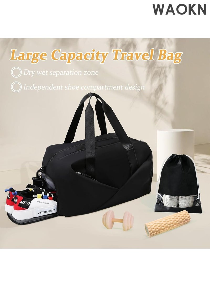 دبليو أيه أو كي أن حقيبة رياضية كبيرة للصالة الرياضية مع حجرتين للأحذية - حقيبة دافل خفيفة الوزن للرجال والنساء - حقيبة مقاومة للماء للاستخدام طوال الليل للسفر واليوغا والسباحة والتمرين - حقيبة متعددة الجيوب لعطلة نهاية الأسبوع مع تخزين رطب/جاف (أسود) - Image 3