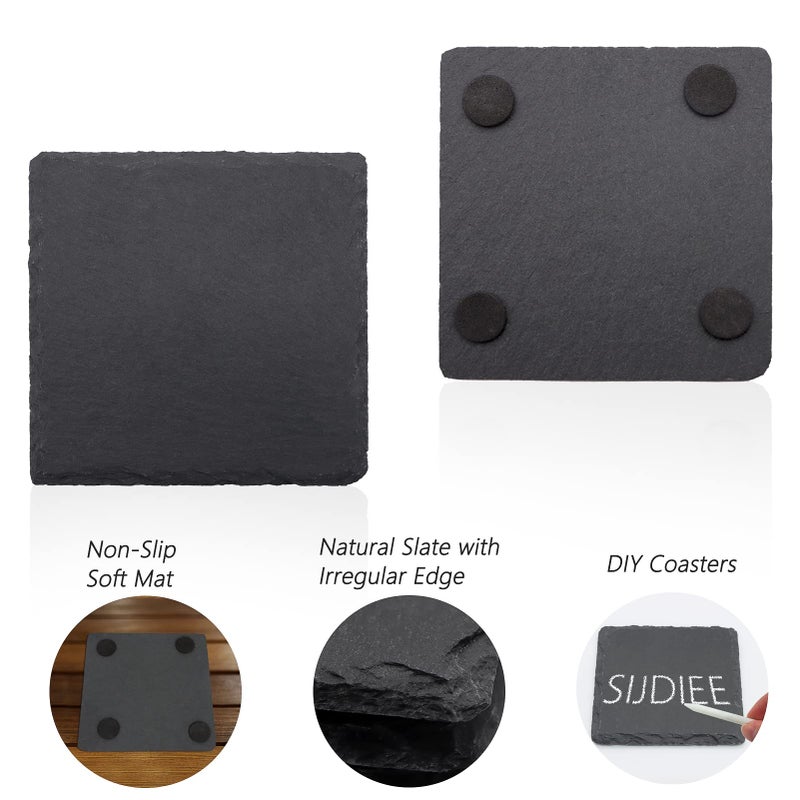 SIJDIEE 4 PCS Square Slate Drink Coasters مجموعة Sijdiee 4 بوصة من الوقايات الحجرية السوداء مع أسفل الخدش وحامل السفينة لبار Office المطبخ المنزل لوازم الديكور - Image 4
