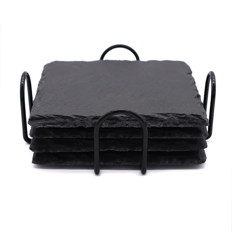 SIJDIEE 4 PCS Square Slate Drink Coasters مجموعة Sijdiee 4 بوصة من الوقايات الحجرية السوداء مع أسفل الخدش وحامل السفينة لبار Office المطبخ المنزل لوازم الديكور - Image 1