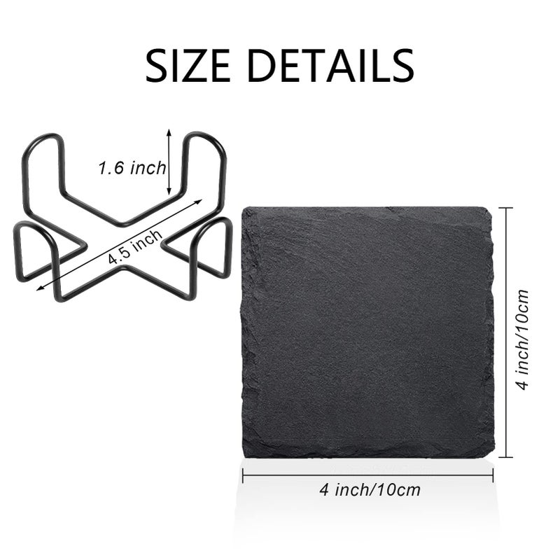 SIJDIEE 4 PCS Square Slate Drink Coasters مجموعة Sijdiee 4 بوصة من الوقايات الحجرية السوداء مع أسفل الخدش وحامل السفينة لبار Office المطبخ المنزل لوازم الديكور - Image 2