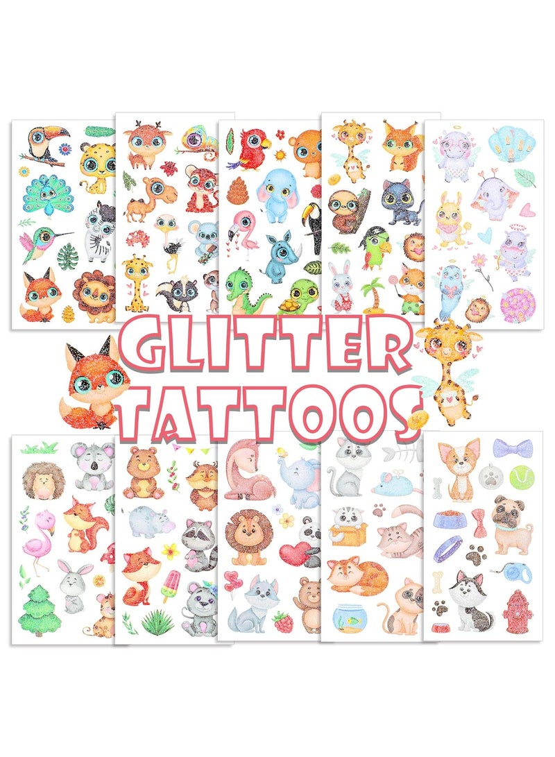 قوس قزح أورينبو 10 أوراق وشم مؤقتة لحيوانات الغابة ذات العيون الكبيرة اللامعة للأطفال، وشم مزيف سهل الاستخدام ومضاد للماء على شكل طيور النحام والقطط والكلاب، لوازم حفلات أعياد الميلاد للأطفال - Image 1