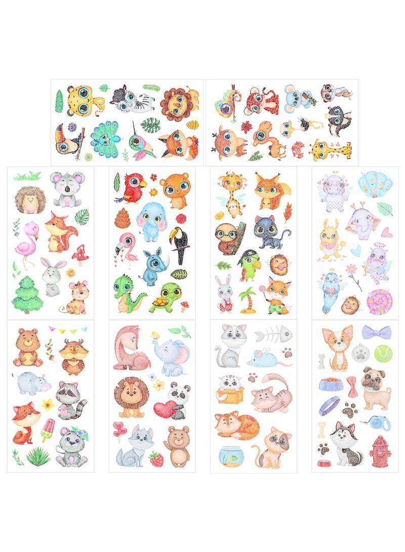 قوس قزح أورينبو 10 أوراق وشم مؤقتة لحيوانات الغابة ذات العيون الكبيرة اللامعة للأطفال، وشم مزيف سهل الاستخدام ومضاد للماء على شكل طيور النحام والقطط والكلاب، لوازم حفلات أعياد الميلاد للأطفال - Image 3