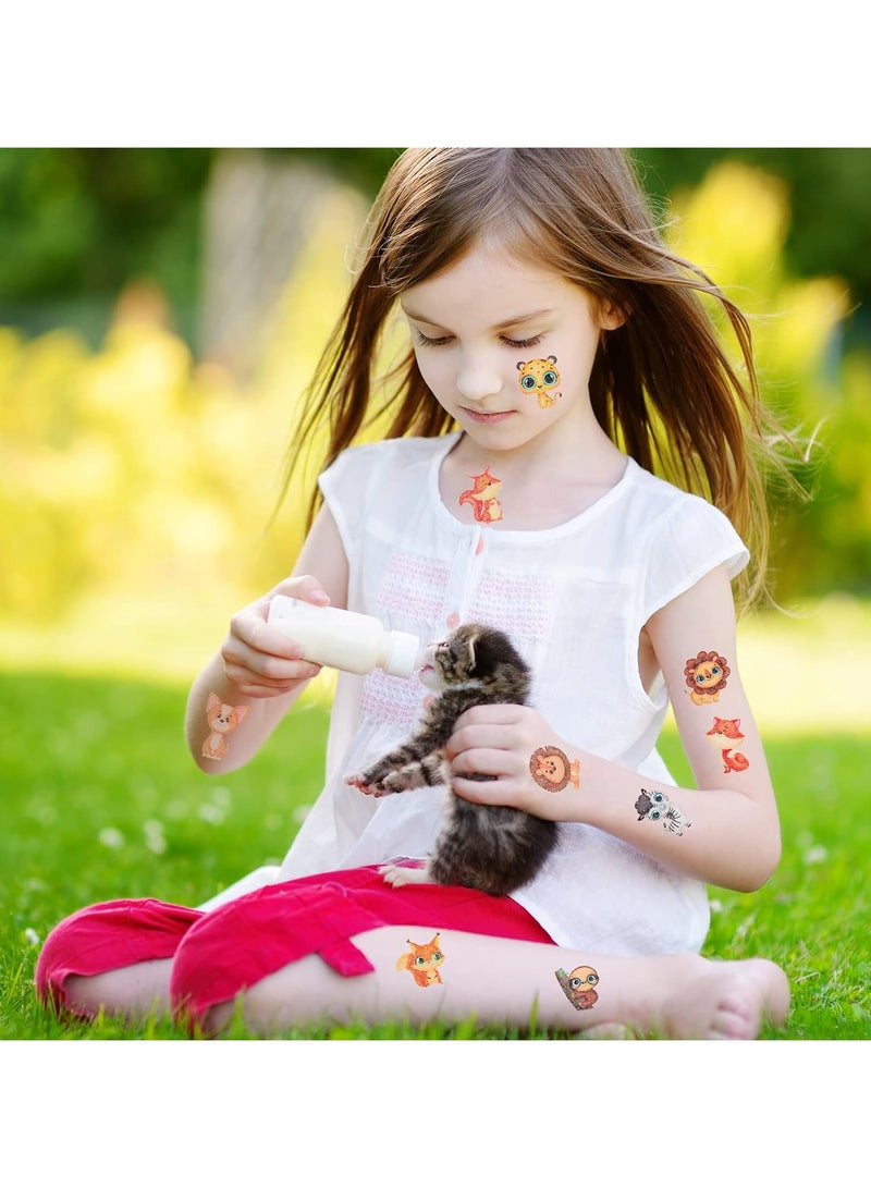 قوس قزح أورينبو 10 أوراق وشم مؤقتة لحيوانات الغابة ذات العيون الكبيرة اللامعة للأطفال، وشم مزيف سهل الاستخدام ومضاد للماء على شكل طيور النحام والقطط والكلاب، لوازم حفلات أعياد الميلاد للأطفال - Image 4