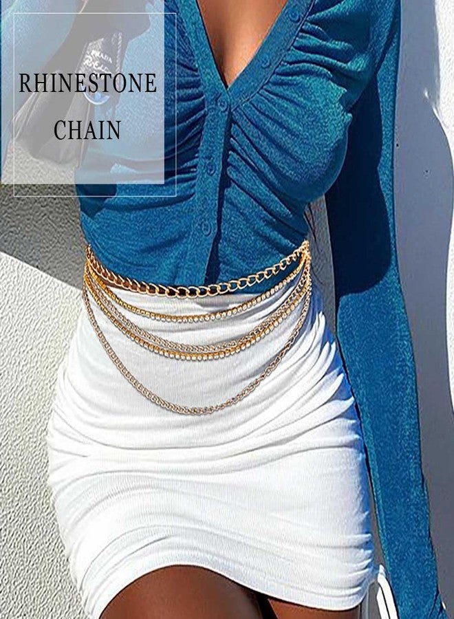 Aiosy Rhinestone Waist Chain Gold Body Chain Crystal Body Jewelry for Women Layered Rhinestones Belly Chain Summer Beach (Gold) - Image 4