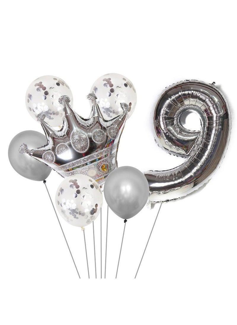 Party 8-piece set for 9th birthday party anniversary decoration party supplies including silver number 9 balloons, silver crown foil balloon set, 12-inch sequin balloons, 12-inch silver balloons 