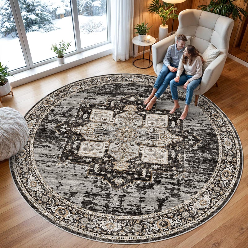 RUUGME Washable 9ft Round Rug - Large Boho Rugs for Living Room Stain Resistant Carpet Vintage Tribal Rugs for Bedroom Kitchen Dining Room with Non Slip Backing Decor Floor Mat 9ft Black - Image 2