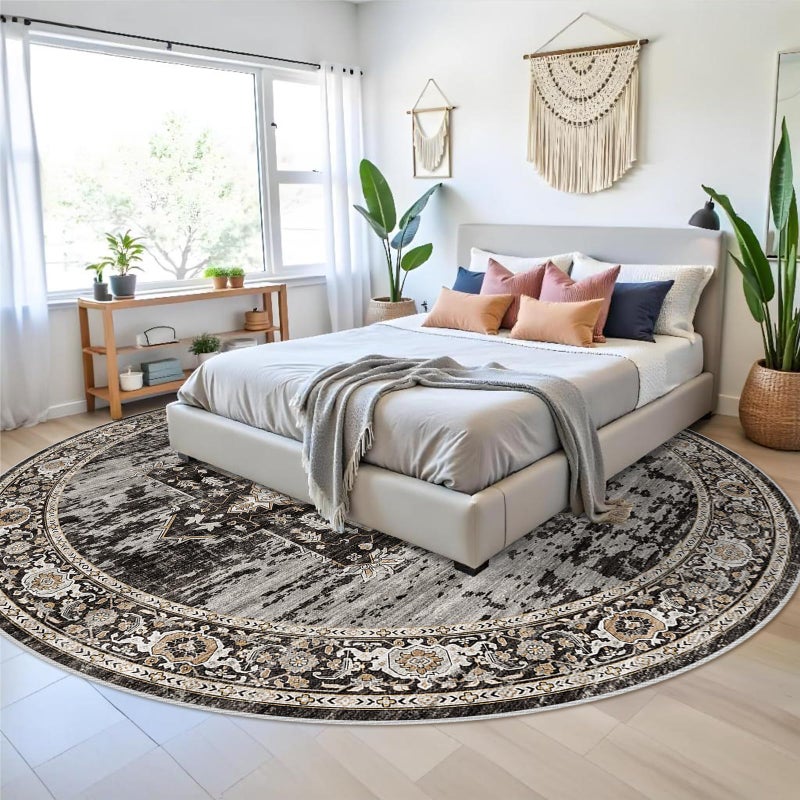 RUUGME Washable 9ft Round Rug - Large Boho Rugs for Living Room Stain Resistant Carpet Vintage Tribal Rugs for Bedroom Kitchen Dining Room with Non Slip Backing Decor Floor Mat 9ft Black - Image 3