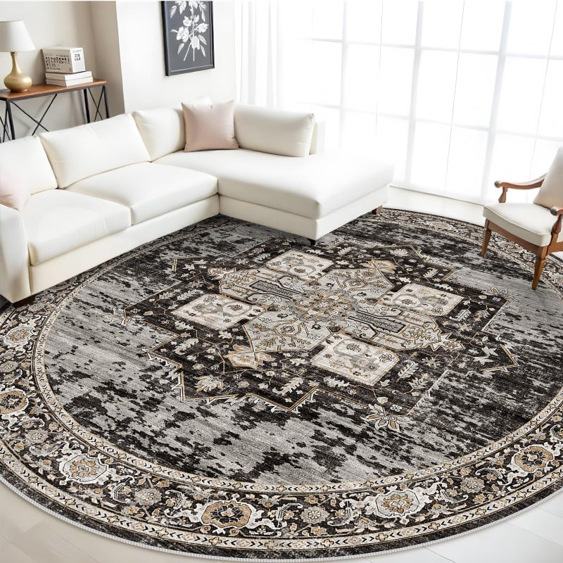RUUGME Washable 9ft Round Rug - Large Boho Rugs for Living Room Stain Resistant Carpet Vintage Tribal Rugs for Bedroom Kitchen Dining Room with Non Slip Backing Decor Floor Mat 9ft Black - Image 1