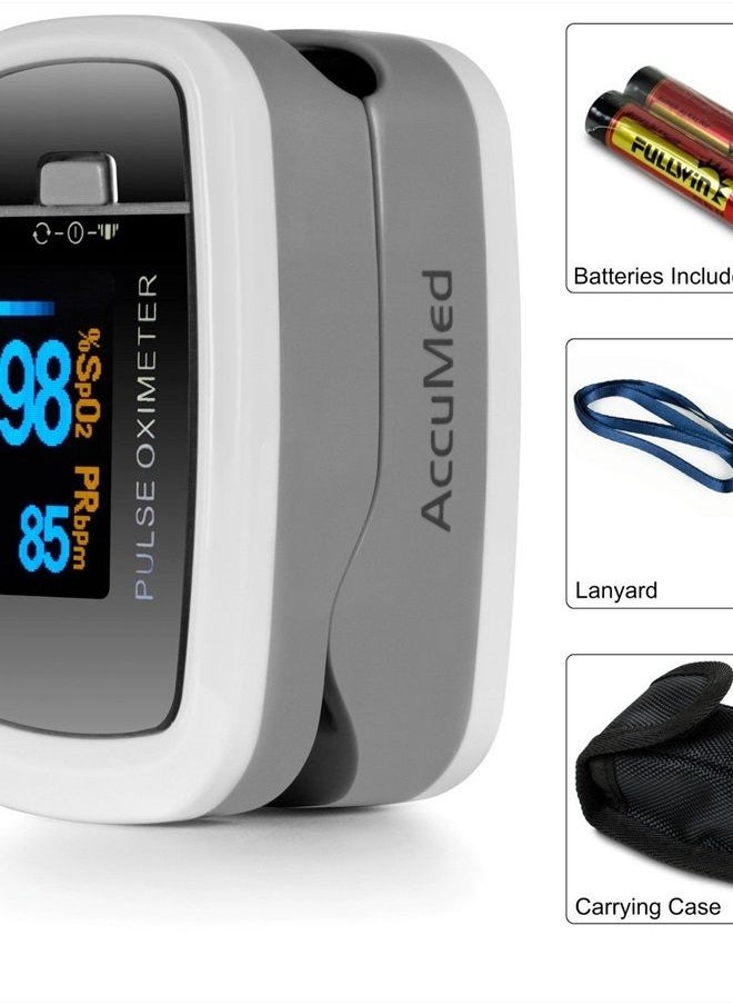 AccuMed - CMS-50D1 Fingertip Pulse Oximeter Blood Oxygen Sensor SpO2 for Sports and Aviation. Portable and Lightweight with LED Display, 2 AAA Batteries, Lanyard and Travel Case (White) - Image 1