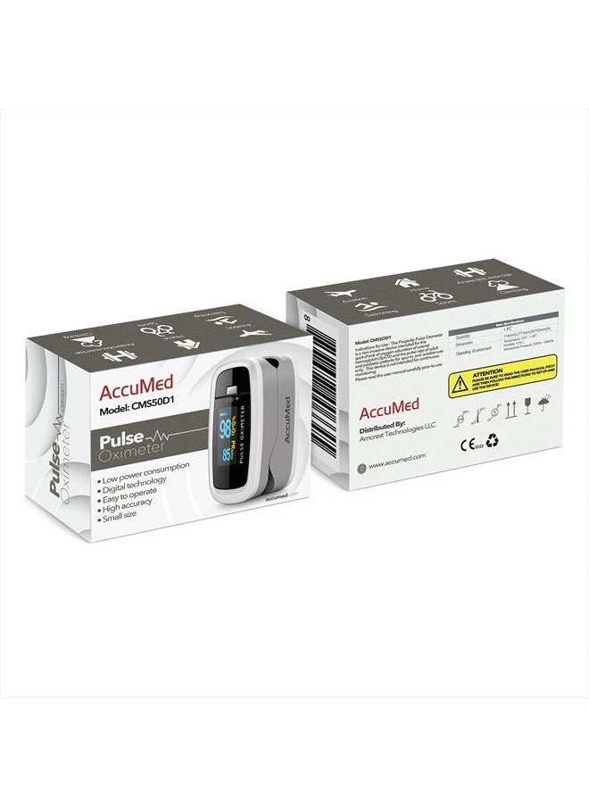 AccuMed - CMS-50D1 Fingertip Pulse Oximeter Blood Oxygen Sensor SpO2 for Sports and Aviation. Portable and Lightweight with LED Display, 2 AAA Batteries, Lanyard and Travel Case (White) - Image 1
