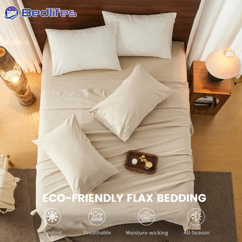 Bedlifes 100% French Pure Linen Sheets Queen Size Breathable and Cooling Flax Sheet Set Soft Durable and Moisture Wicking 16 Inch Deep Pocket-4 Piece(Queen,Linen) - Image 5