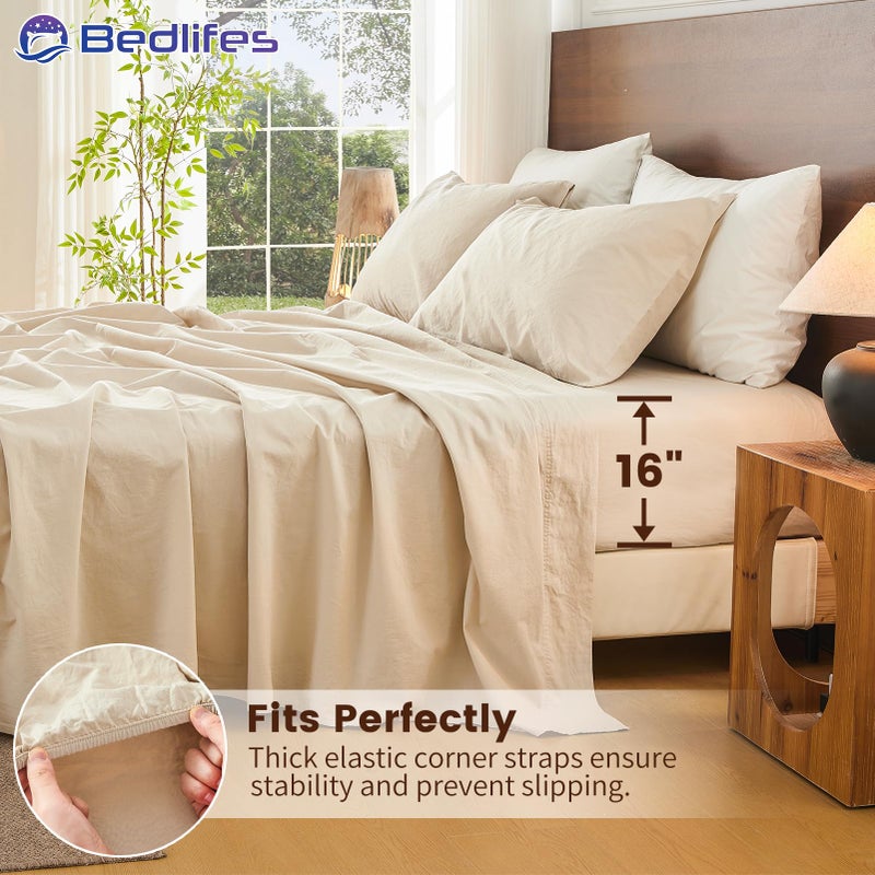 Bedlifes 100% French Pure Linen Sheets Queen Size Breathable and Cooling Flax Sheet Set Soft Durable and Moisture Wicking 16 Inch Deep Pocket-4 Piece(Queen,Linen) - Image 3