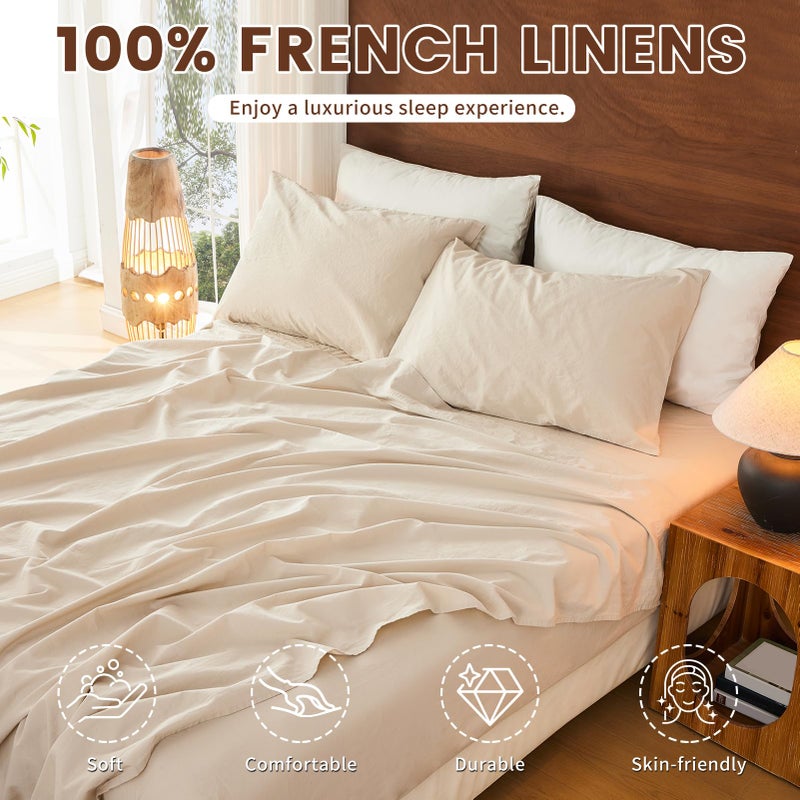 Bedlifes 100% French Pure Linen Sheets Queen Size Breathable and Cooling Flax Sheet Set Soft Durable and Moisture Wicking 16 Inch Deep Pocket-4 Piece(Queen,Linen) - Image 2