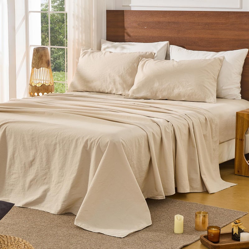 Bedlifes 100% French Pure Linen Sheets Queen Size Breathable and Cooling Flax Sheet Set Soft Durable and Moisture Wicking 16 Inch Deep Pocket-4 Piece(Queen,Linen) - Image 1