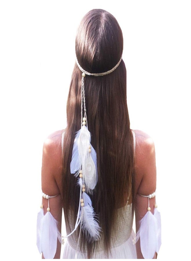 WLBON Feather Boho Hippie Indian Hair Bands Tassel Bohemian Halloween Headdress Crown Headband Party Decoration Cosplay Costume Headwear Headpiece Cute Hair Accessories White Set - Image 1
