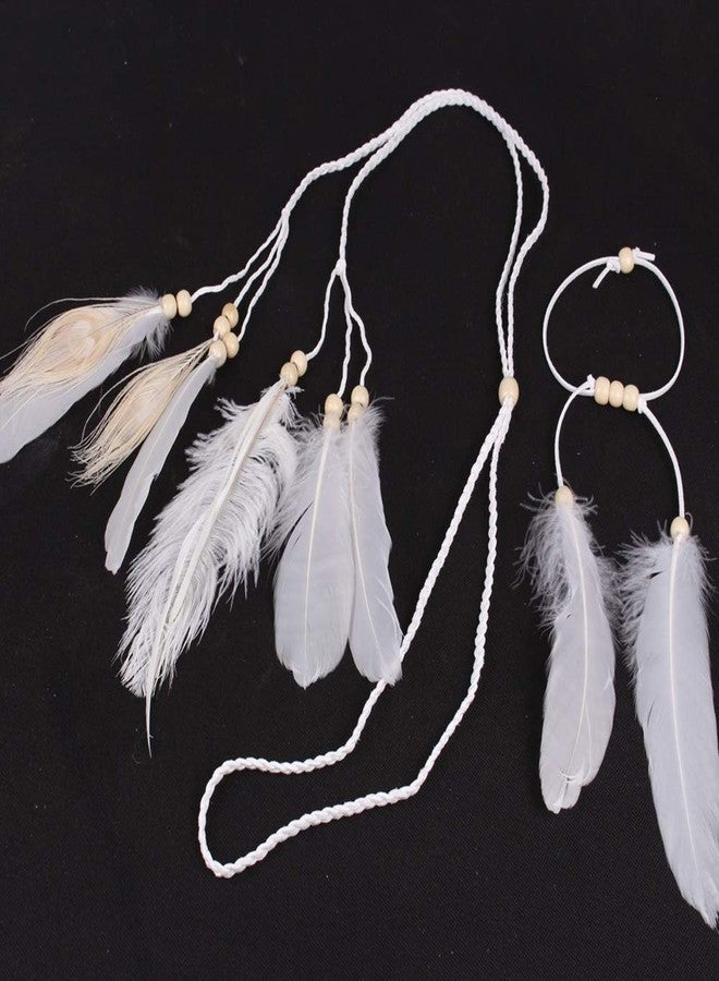 WLBON Feather Boho Hippie Indian Hair Bands Tassel Bohemian Halloween Headdress Crown Headband Party Decoration Cosplay Costume Headwear Headpiece Cute Hair Accessories White Set - Image 5