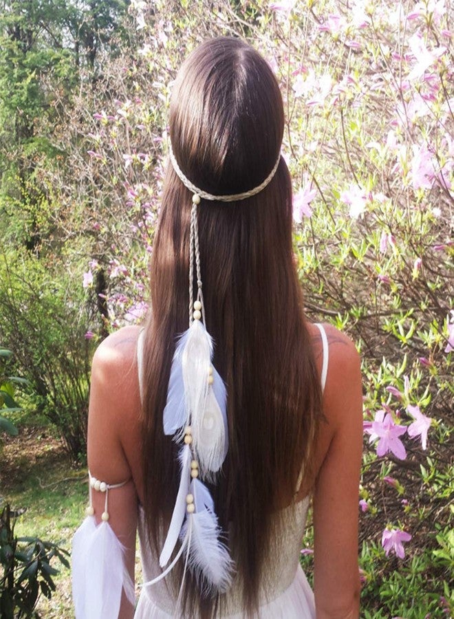 WLBON Feather Boho Hippie Indian Hair Bands Tassel Bohemian Halloween Headdress Crown Headband Party Decoration Cosplay Costume Headwear Headpiece Cute Hair Accessories White Set - Image 2