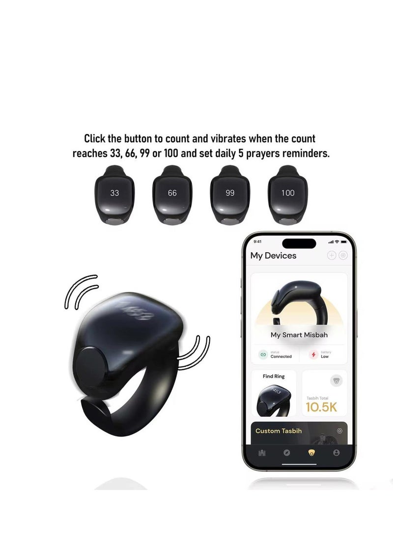 iTasbih - Smart Tasbih Ring for Tasbeeh with Dhikr - Prayer Time Reminder - Vibration Reminder, Tasbeeh Counter, Bluetooth Connection, OLED Screen, IPX67 Waterproof, Adjustable Ring 18mm + 20mm - Black - Image 1