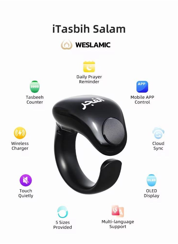 iTasbih Smart Tasbih Ring for Tasbeeh with Dhikr - Prayer Time Reminder - Vibration Reminder, Tasbeeh Counter, Bluetooth Connection, OLED Screen, IPX67 Waterproof, Adjustable Ring 18mm + 20mm - Black  - Image 2
