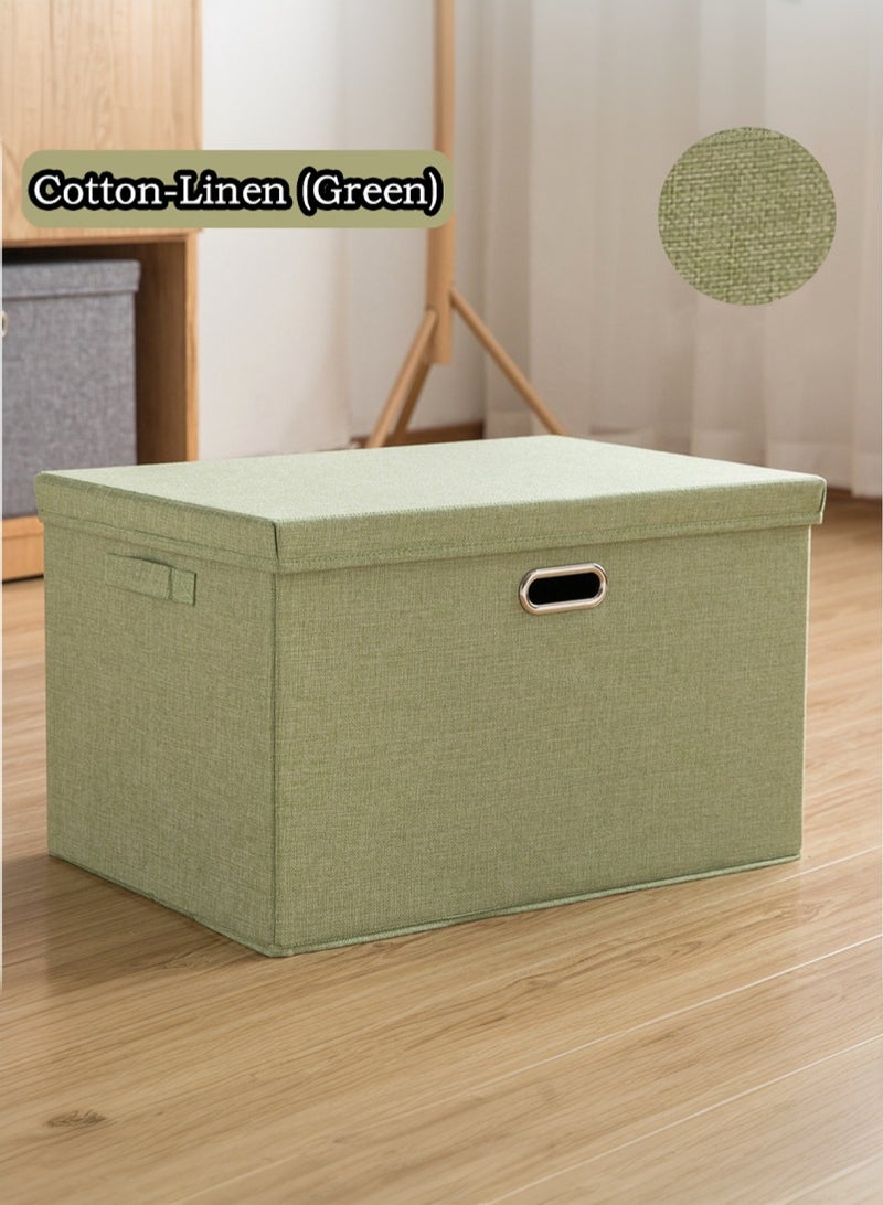 LOOPITYS Cotton Linen Folding Storage Boxes With Lids Decorate The Handle Storage Box With Lid Environmental Protection Durable Fabric Storage For Bedroom Living Room（green，58*40*35cm） - Image 1
