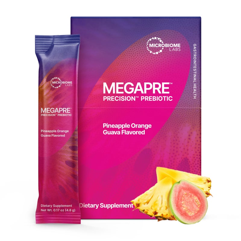 مسحوق الألياف البريبايوتيك MegaPre من Microbiome Labs للنساء والرجال والأطفال مع الأليغوساكاريد المعتمد سريرياً نكهة الأناناس والبرتقال والجوافة 30 عبوة مشروب
