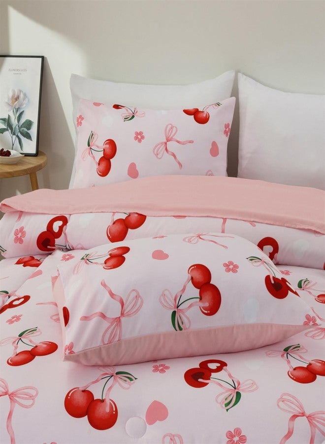 Aimuan Pink Cherries Comforter Set Cartoon Love Hearts Flowers and Grass Bedding Set for Girls Boys Kids Lightweight Soft 6 Piece with 2 Pillow Covers (Pink Red, Twin 6Pcs) - Image 3