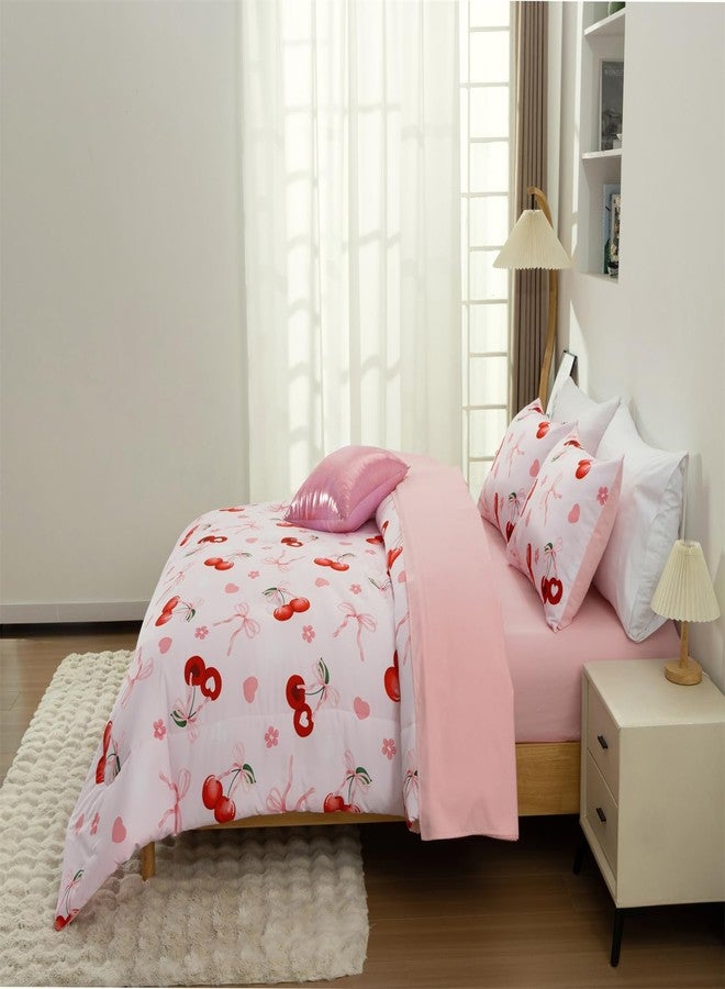 Aimuan Pink Cherries Comforter Set Cartoon Love Hearts Flowers and Grass Bedding Set for Girls Boys Kids Lightweight Soft 6 Piece with 2 Pillow Covers (Pink Red, Twin 6Pcs) - Image 2