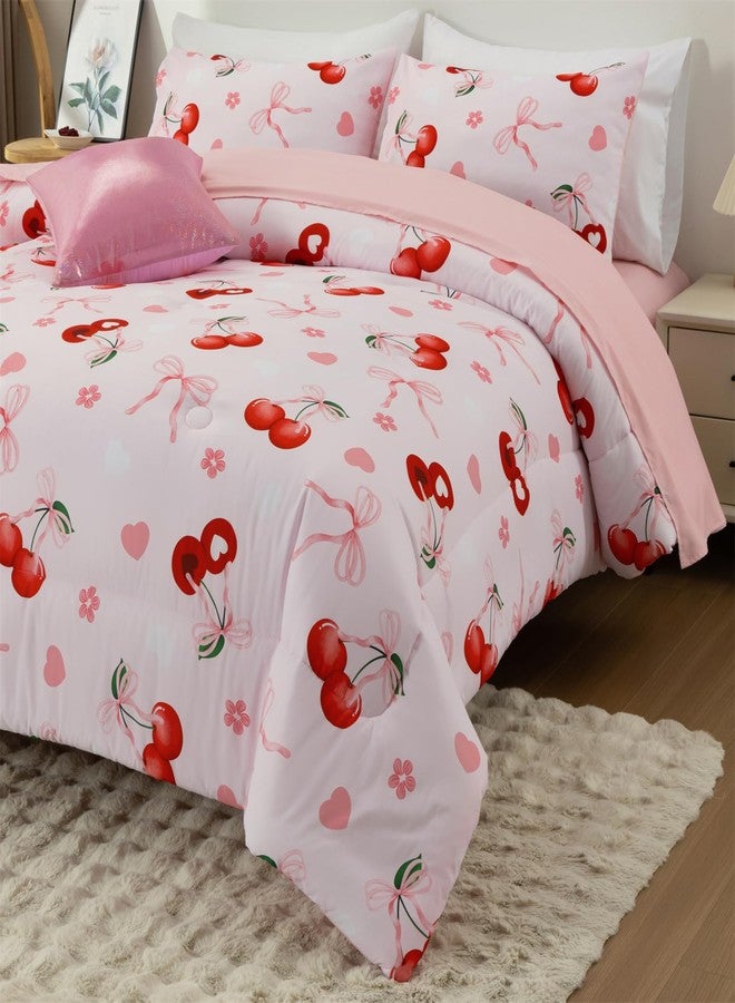 Aimuan Pink Cherries Comforter Set Cartoon Love Hearts Flowers and Grass Bedding Set for Girls Boys Kids Lightweight Soft 6 Piece with 2 Pillow Covers (Pink Red, Twin 6Pcs) - Image 4