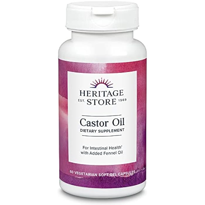 HERITAGE STORE Castor Oil Supplement 725 mg, Healthy Cleansing, Intestinal Balance & Digestion Support,* with Added Fennel Oil, 60 Servings, 60 Vegetarian Capsules - Image 1