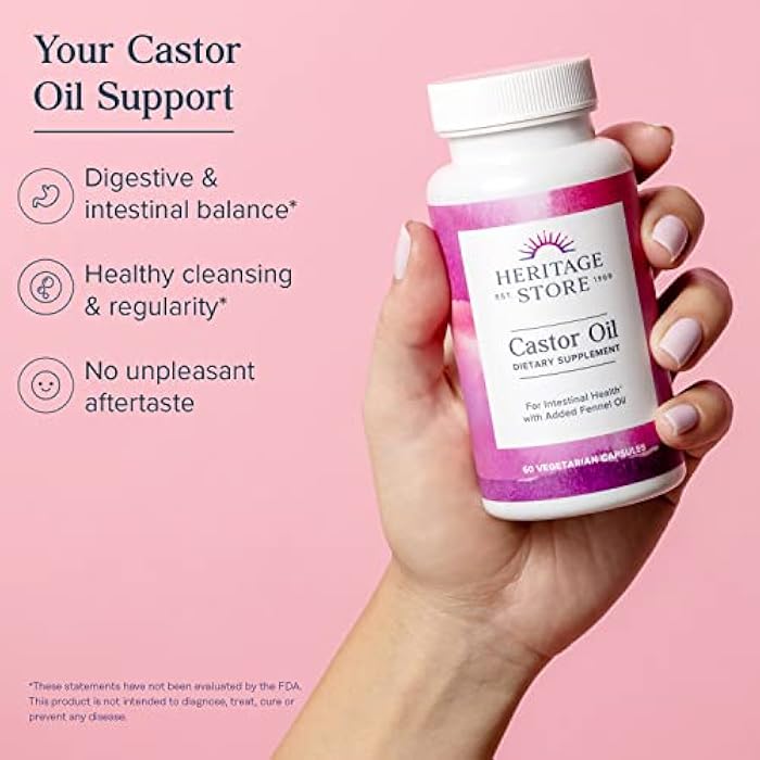 HERITAGE STORE Castor Oil Supplement 725 mg, Healthy Cleansing, Intestinal Balance & Digestion Support,* with Added Fennel Oil, 60 Servings, 60 Vegetarian Capsules - Image 4
