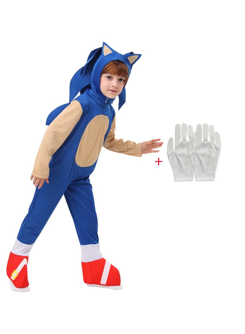 JAYATO Kids Sonic Jumpsuit with Gloves, Sonic Costume Outfit Set, Fancy Dress Up Outfit, Popular Character Clothing for Children, Ideal Dress Up for Themed Parties - Image 1