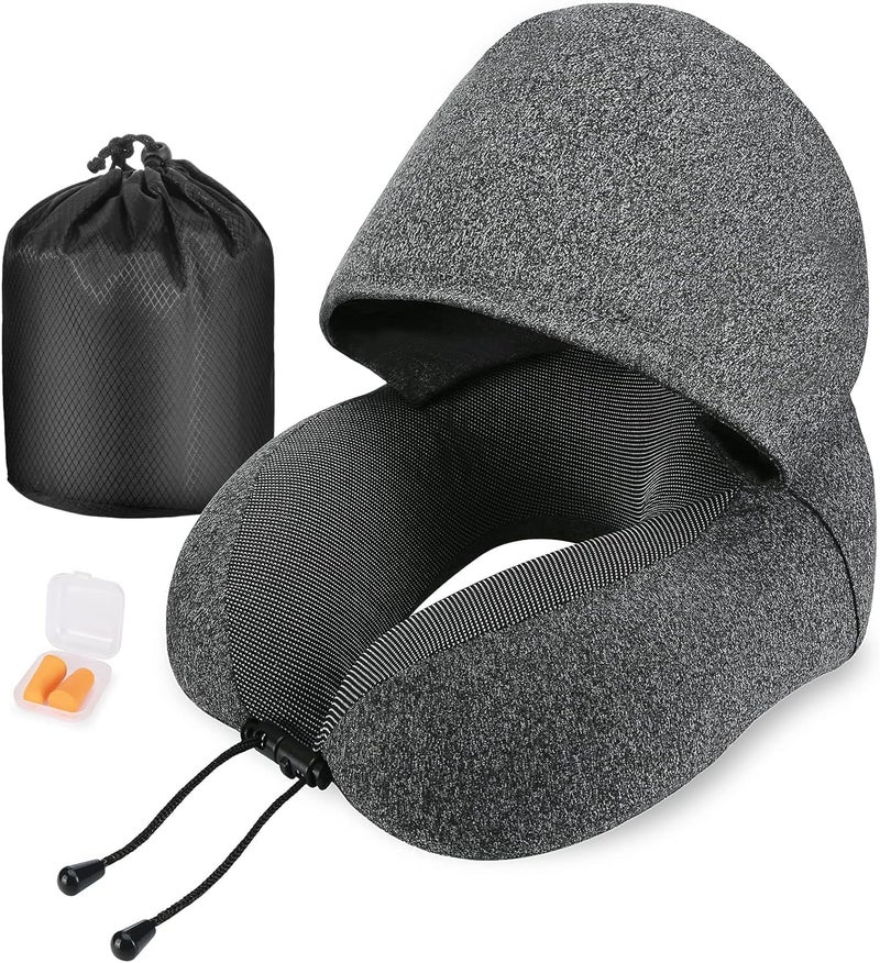 PIKFOS PIKFOS 2024 Travel Pillow for Neck Memory Foam Hooded Travel Neck Pillow for Adults Comfortable Neck Pillow for Travel with Hoodie Flight PillowTravel Cushion for Plane Car Train  - Image 1