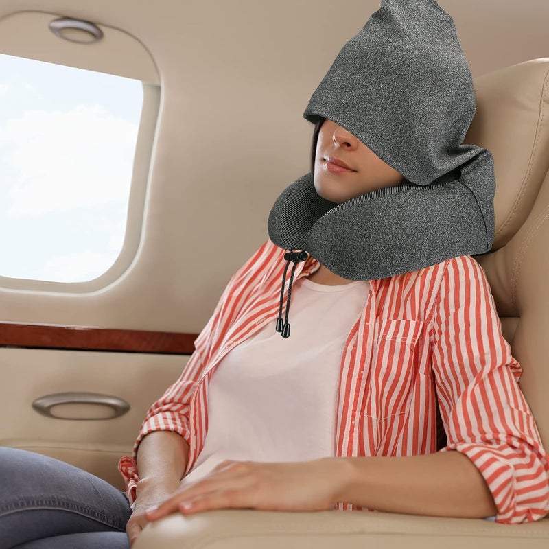 PIKFOS PIKFOS 2024 Travel Pillow for Neck Memory Foam Hooded Travel Neck Pillow for Adults Comfortable Neck Pillow for Travel with Hoodie Flight PillowTravel Cushion for Plane Car Train  - Image 2