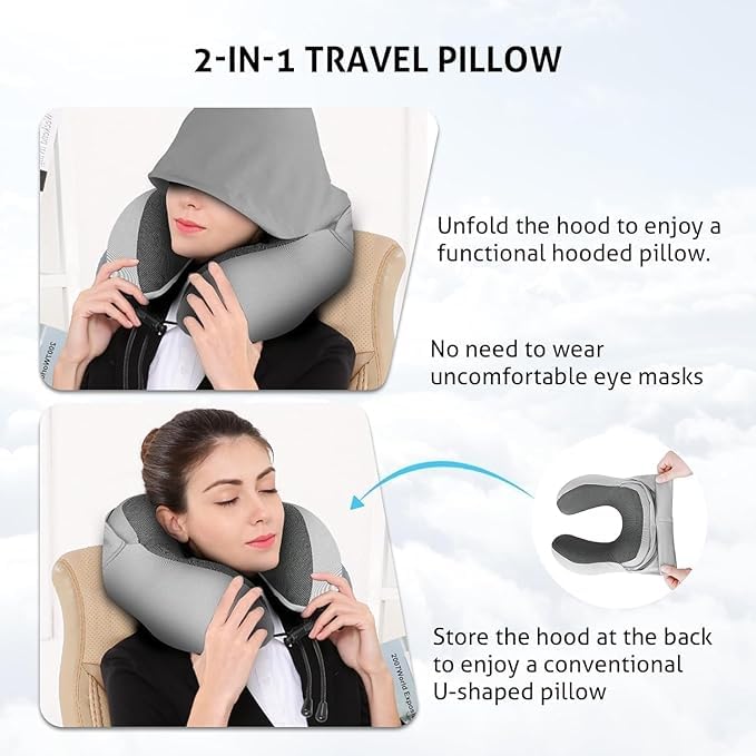 PIKFOS PIKFOS 2024 Travel Pillow for Neck Memory Foam Hooded Travel Neck Pillow for Adults Comfortable Neck Pillow for Travel with Hoodie Flight PillowTravel Cushion for Plane Car Train  - Image 3