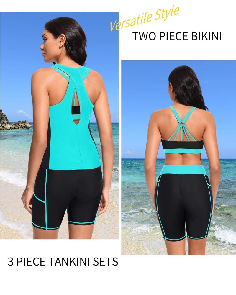 Tempt Me Women 3 Piece Tankini Swimsuits - Athletic Bathing Suits Swim Tank Top with Boy Shorts and Bra Modest Swimwear 2026 Aqua and Black M - Image 5