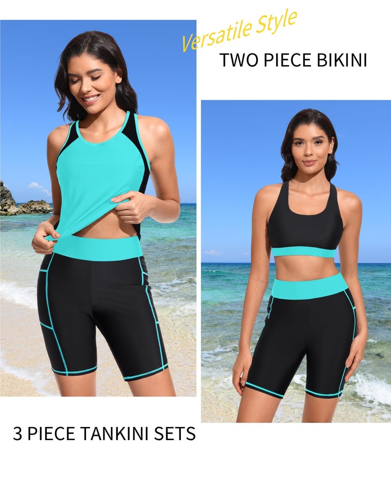 Tempt Me Women 3 Piece Tankini Swimsuits - Athletic Bathing Suits Swim Tank Top with Boy Shorts and Bra Modest Swimwear 2026 Aqua and Black M - Image 4