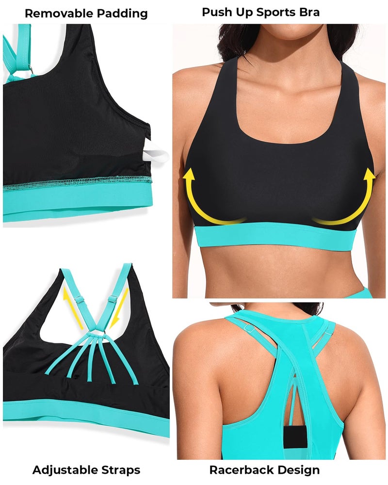 Tempt Me Women 3 Piece Tankini Swimsuits - Athletic Bathing Suits Swim Tank Top with Boy Shorts and Bra Modest Swimwear 2026 Aqua and Black M - Image 2