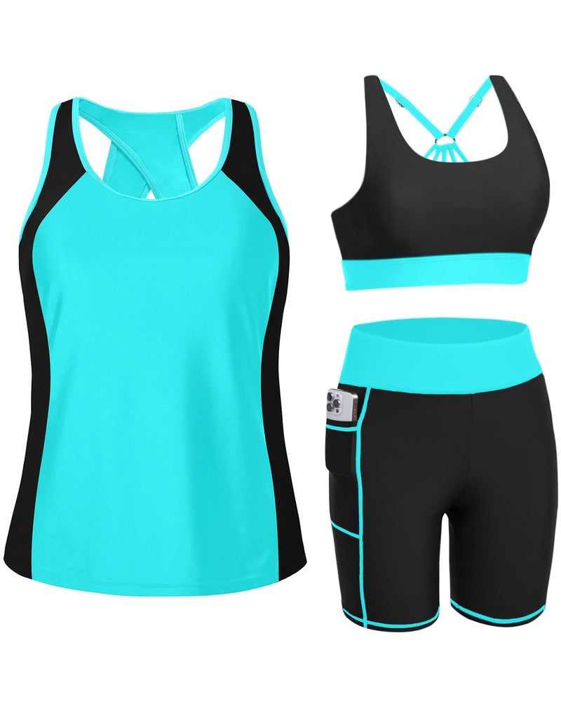 Tempt Me Women 3 Piece Tankini Swimsuits - Athletic Bathing Suits Swim Tank Top with Boy Shorts and Bra Modest Swimwear 2026 Aqua and Black M - Image 1